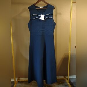 Jason Wu Navy Sleeveless Knit Dress with White Scallop Trim NWT